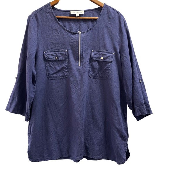Emily Daniels Tops - Emily Daniels Tunic Top Womens XL Navy‎ Blue Linen Blend Roll Tab Sleeve Coastal